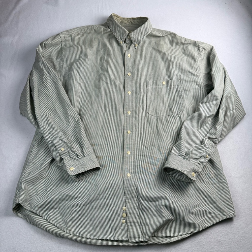 Eddie Bauer Mens XXL Tall Green White Striped Button Down Cotton Long Sleeve